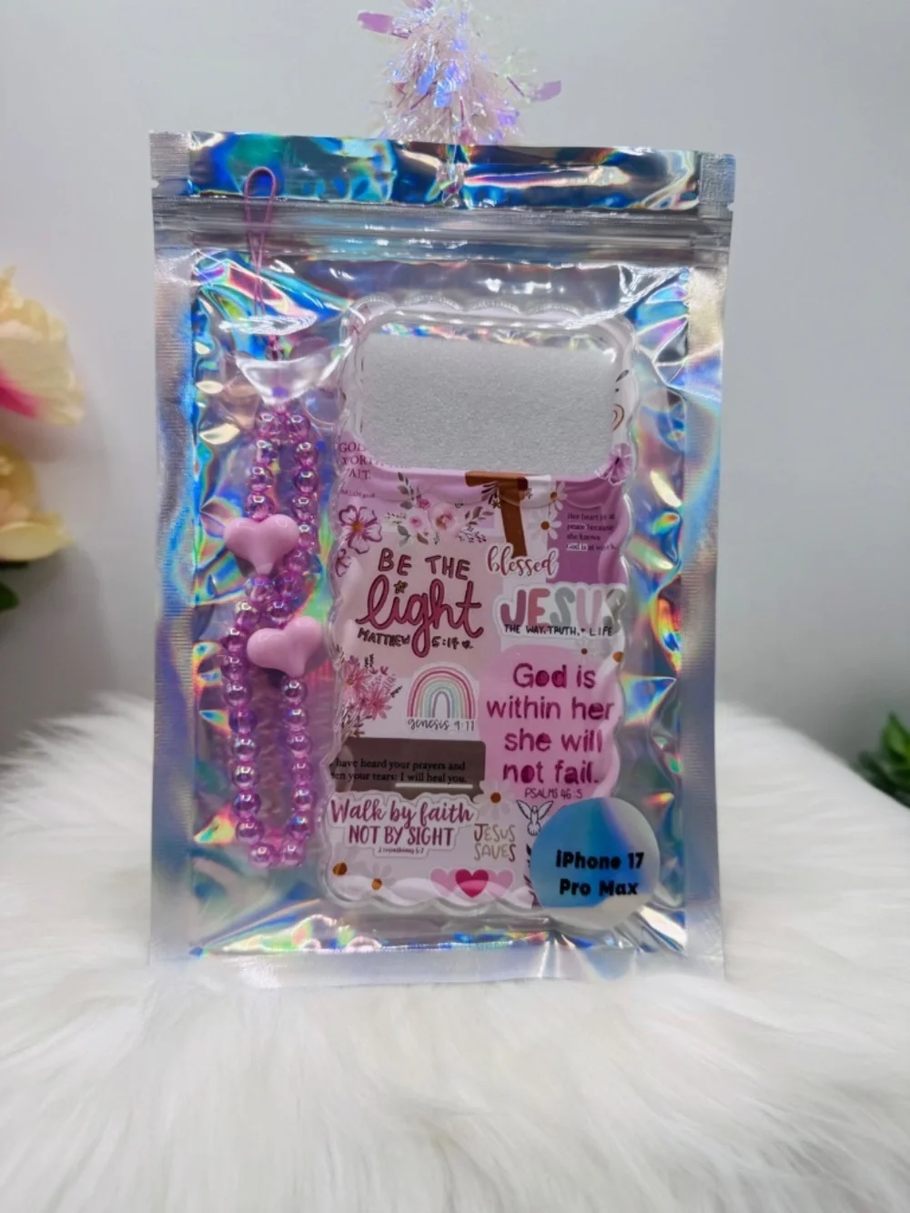Faith Themed iPhone 17 Pro Max Case with pink Beaded Strap